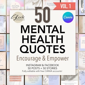 50 citas sobre salud mental / Volumen 1 / Fomentar y empoderar / Plantillas editables de CANVA / Plantillas para redes sociales de Facebook e Instagram