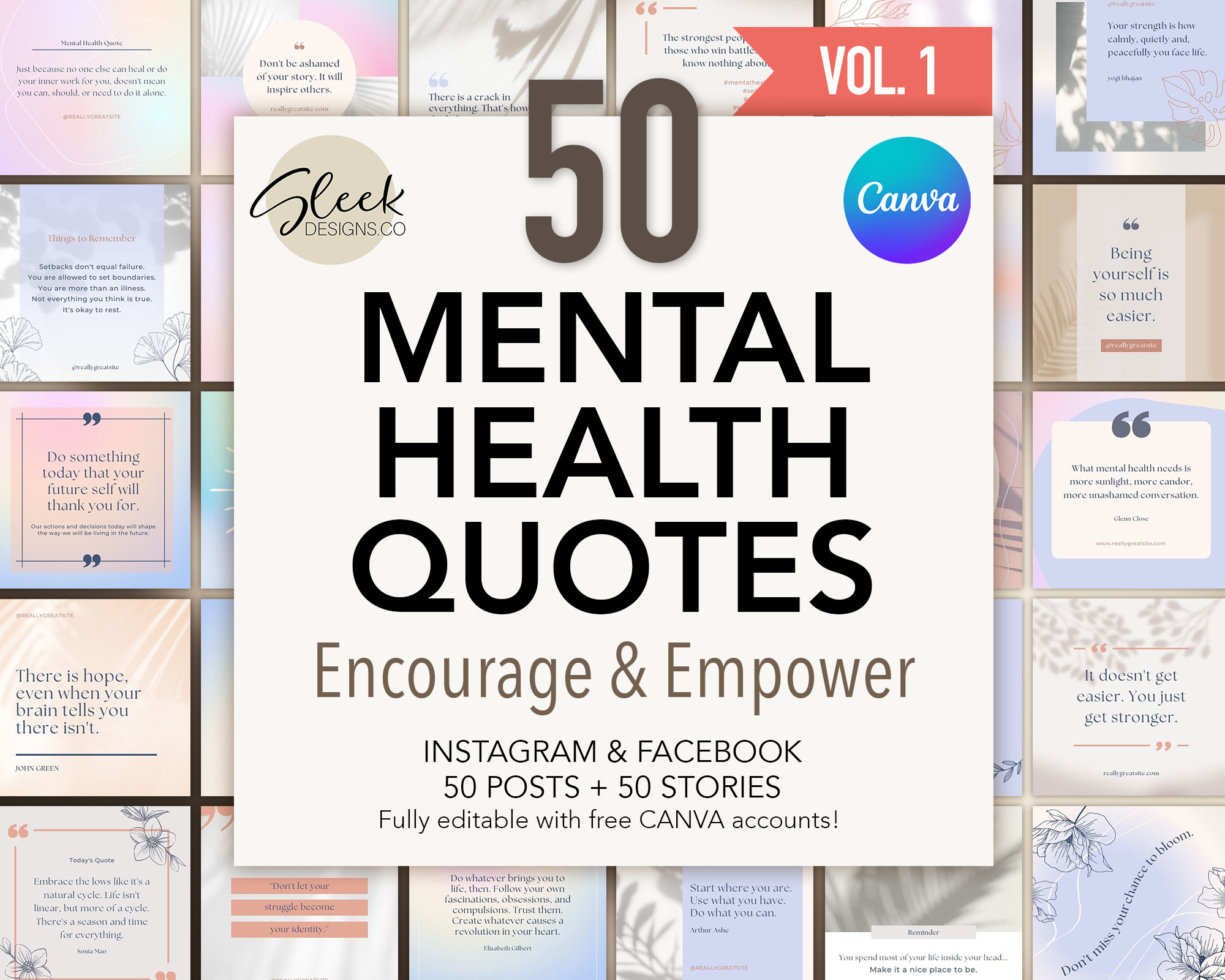 50 Mental Health Quotes | Volume 1 | Encourage & Empower | Editable CANVA Templates | Facebook Instagram Social Media Templates