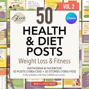 Modelli Canva modificabili per post sulla salute Volume 2: 50 post su perdita di peso e fitness per Instagram e Facebook (download immediato)