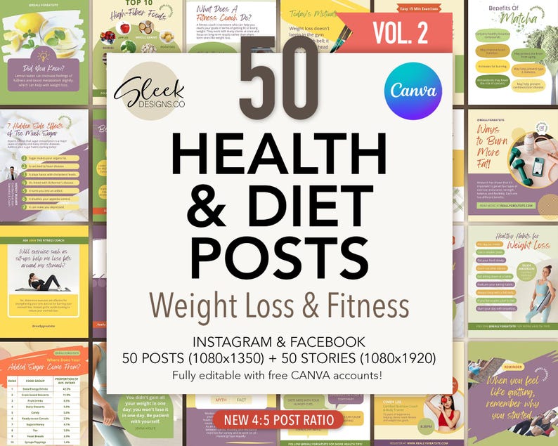 Gesundheitsposten Editierbare Canva Vorlagen Band 2: 50 Abnehm- und Fitness Posts für Instagram Facebook (Instant Download) Bild 1