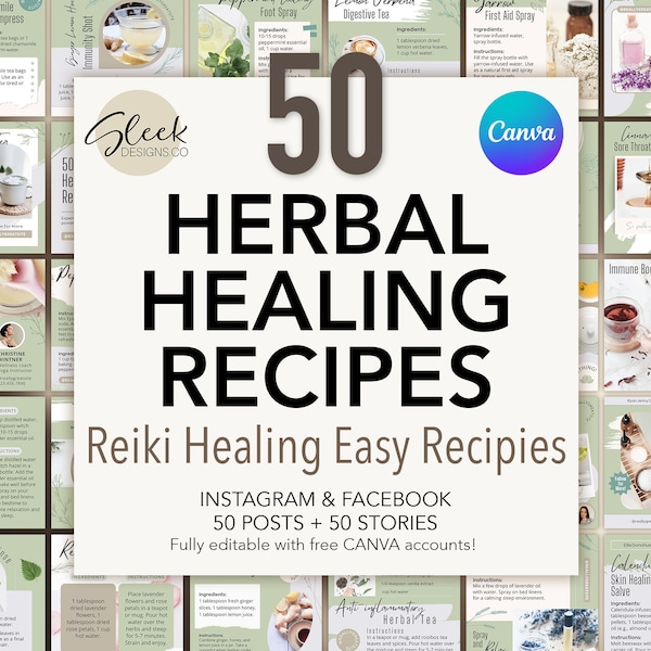50 Easy Herbal Healing Recipes | Reiki Healing, Health & Wellness | Editable CANVA Templates | Facebook Instagram Social Media Templates