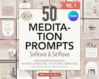Meditation Prompts Editable Canva Templates Volume 1: 50 Selfcare & Selflove Posts for Instagram Facebook (Instant Download)