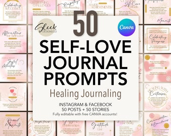 50 Selflove Journal Prompts | Healing Journaling Prompts | Editable CANVA Templates | Facebook Instagram Social Media Templates