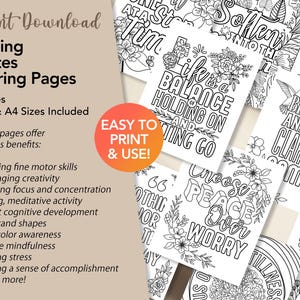 Puede incluir: Un conjunto de 25 p&aacute;ginas para colorear imprimibles con frases relajantes y dise&ntilde;os florales. Las frases incluyen "La vida es un equilibrio entre aferrarse y soltar", "Elige la paz sobre la preocupaci&oacute;n", "Qu&eacute;date quieto y deja que la claridad venga", y "Todo lo que necesitamos es un poco de diversi&oacute;n".