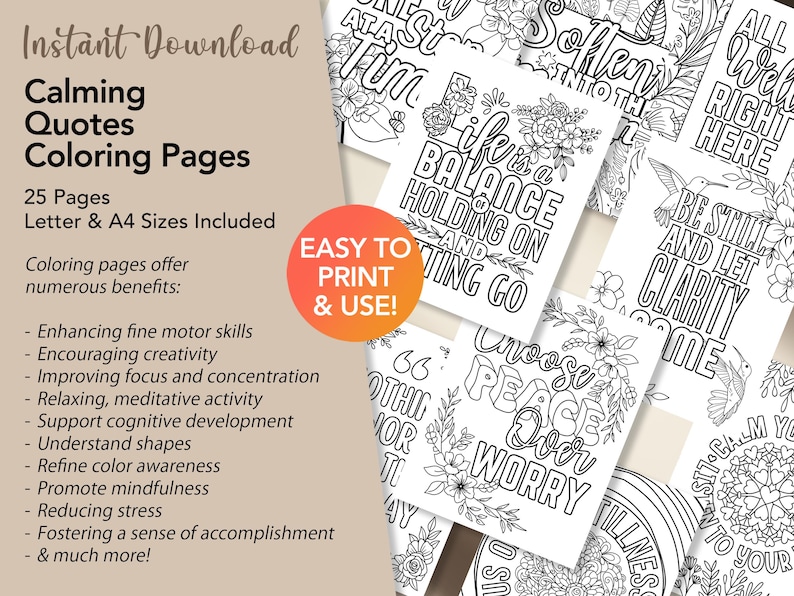 Puede incluir: Un conjunto de 25 p&aacute;ginas para colorear imprimibles con frases relajantes y dise&ntilde;os florales. Las frases incluyen "La vida es un equilibrio entre aferrarse y soltar", "Elige la paz sobre la preocupaci&oacute;n", "Qu&eacute;date quieto y deja que la claridad venga", y "Todo lo que necesitamos es un poco de diversi&oacute;n".