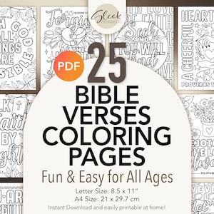 May include: A set of 25 printable colouring pages featuring Bible verses. Each page includes a different verse with a decorative floral design. The pages are 8.5 inches by 11 inches and are easy to print at home.