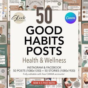 Gute Gewohnheiten bearbeitbare Canva Vorlagen: 50 Gesundheit & Wellness Gewohnheiten Posts für Instagram Facebook (Instant Download)