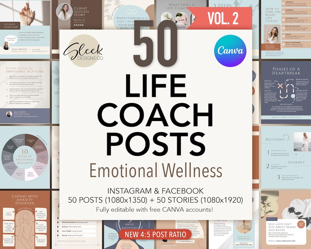 Life Coach Posts Editable Canva Templates Volume 2: 50 Emotional ...