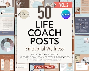 Life Coach Posts Editable Canva Templates Volume 2: 50 Emotional Wellness Posts for Instagram Facebook (Instant Download)