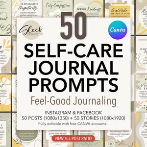 Selfcare Journal Prompts Canva Templates: 50 Wellness Journaling Posts für Instagram Facebook (Instant Download) Bild 1