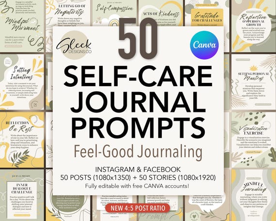 Selfcare Journal Prompts Editable Canva Templates: 50 Wellness Journaling Posts for Instagram Facebook (Instant Download)
