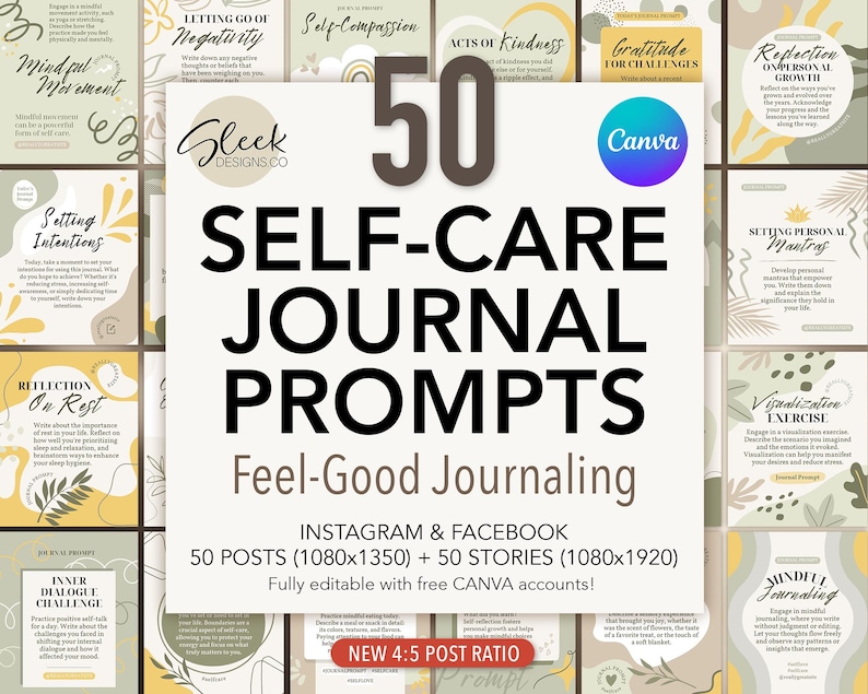 Selfcare Journal Prompts Canva Templates: 50 Wellness Journaling Posts für Instagram Facebook (Instant Download) Bild 1