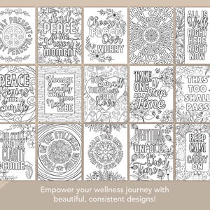 Puede incluir: Un conjunto de 16 p&aacute;ginas para colorear imprimibles con citas inspiradoras y dise&ntilde;os florales. Las citas incluyen "Mantente presente, mant&eacute;n la paz", "Encuentra la paz en el momento presente", "Elige la paz sobre la preocupaci&oacute;n", "La paz comienza con una sonrisa", "Est&aacute;s exactamente donde necesitas estar", "Haz cosas peque&ntilde;as con gran amor", "T&oacute;malo un paso a la vez", "Esto tambi&eacute;n pasar&aacute;", "Todo se desarrolla a su tiempo", "Mant&eacute;n la calma y sigue adelante", "Sigue la corriente", "Qu&eacute;date quieto y deja que la claridad venga", "Conc&eacute;ntrate en la quietud interior", "Calma tu mente, escucha tu coraz&oacute;n", "Todo est&aacute; bien aqu&iacute; y ahora", "Libera la preocupaci&oacute;n, abraza la paz".