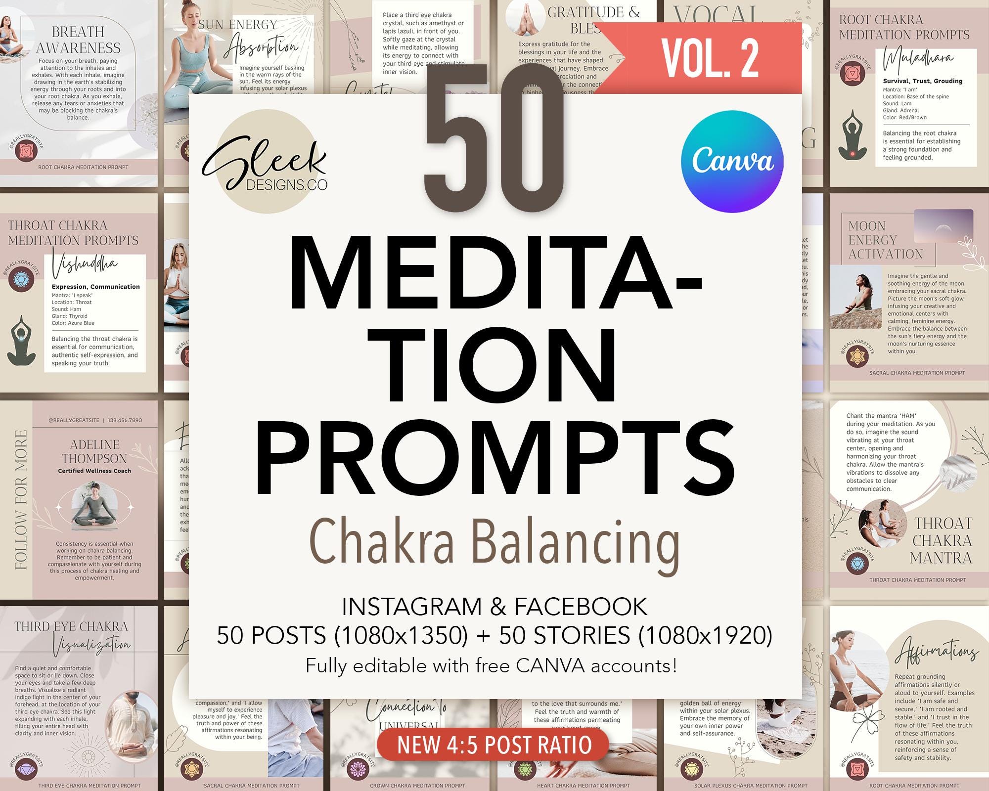 Meditation Prompts Editable Canva Templates Volume 2: 50 Chakra Balancing Posts for Instagram ...