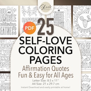 25 Páginas para colorir de afirmação de amor próprio | Citações motivacionais inspiradoras | Design original exclusivo | PDF para impressão | Download instantâneo
