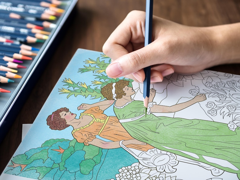 May include: A person coloring a coloring book with two women in dresses and flowers. The woman is using a blue colored pencil to color the dress of one of the women.