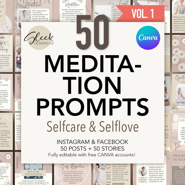 50 suggerimenti per la meditazione / Volume 1 / Cura di sé e amore per se stessi / Modelli CANVA modificabili / Modelli per social media Facebook Instagram