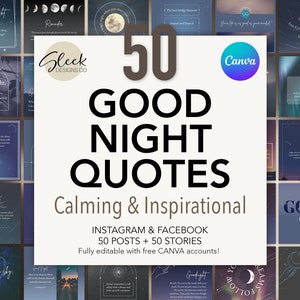 50 frases de buenas noches / frases inspiradoras y tranquilizadoras / plantillas editables de CANVA / plantillas para redes sociales de Facebook e Instagram