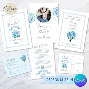 de Faire-part de mariage bleu hortensia | Date retenue, invitation, cartes RSVP | Design élégant et délicat | Modèles CANVA modifiables