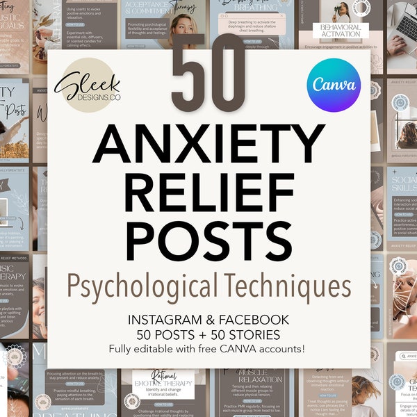 50 Anxiety Relief Posts | Psychological Techniques | Calming Relaxing | Editable CANVA Templates | Facebook Instagram Social Media Templates