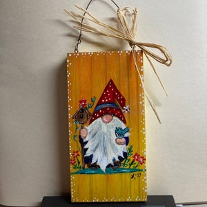 Wooden Hand-Painted Birdhouse Gnome Plaque