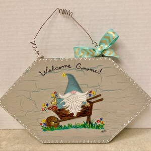 Wooden Hand-Painted Wheelbarrow Garden Gnome Plaque
