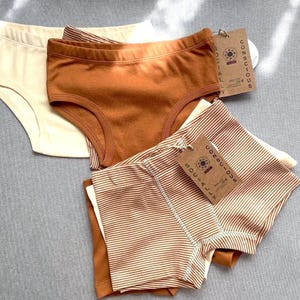May include: Four pairs of underwear in cream, rust, and rust and cream stripes. Each pair has a tag that reads "CONSCIOUS SOCIALLY". The underwear is made of soft material.