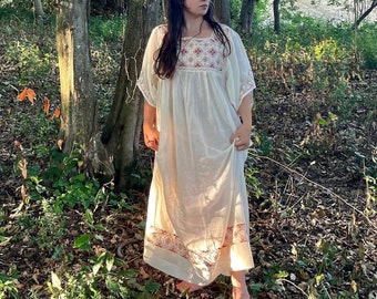 Organic Cotton Nightgown, Hand Embroidered Summer Dress, Kimono Sleeve Long Dress, 100% Organic Cotton Handmade Maxi Dress