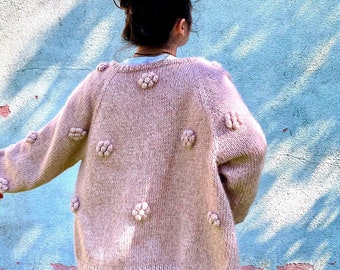 Daisy Mohair Cardigan, Hand Knitted Pink Chunky Sweater for Women's, Handmade Fluffy 3D Flowers Wool Cardigan - ROSE