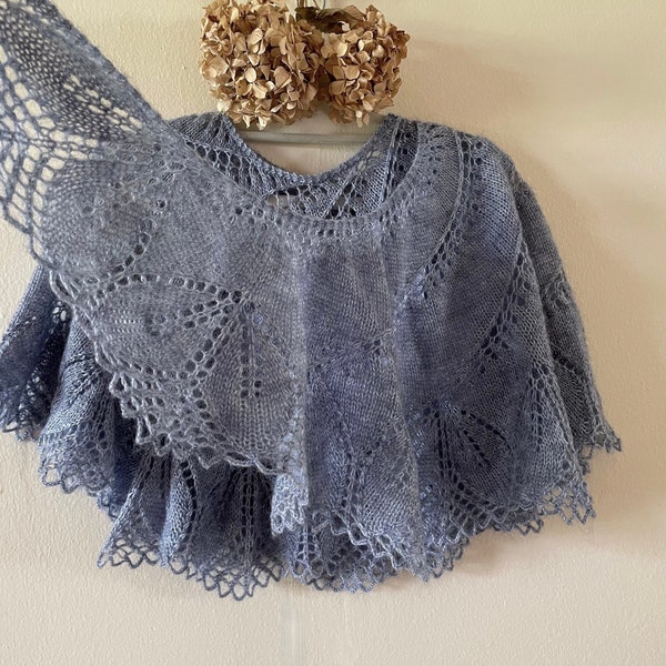 Hand Knitted Wool Shawl, Elegant Lightweight Mohair Lace Shawl, Smoky Blue Shoulder Wraps, Women Handmade Wings Shawl