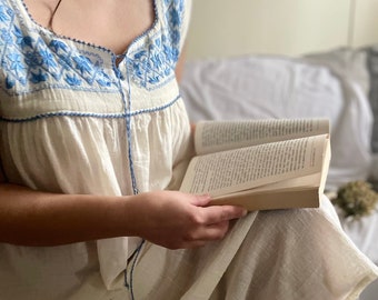 Vintage Cotton Nightgown, Muslin Dress with Hand Embroidery Neckline, Handmade Organic Cotton Long Summer Nightdress