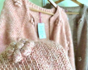 Daisy Knit Mohair Cardigan, Hand Knitted Pink Chunky Sweater for Women's, Handmade Fluffy 3D Flowers Wool Cardigan - ROSE