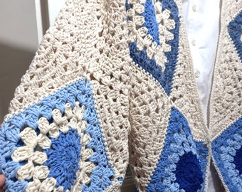 Boho Crochet Cardigan, Granny Square Jacket, Handmade Oversized Patchwork Cotton Cardigan, Blue Knitted Summer Cardigan M/L