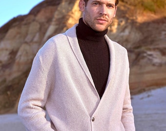 Men's Wool Shawl Collar Cardigan, Knitted Sweater Cardigan, Elegant Winter Knitwear, High Quality Soft Wool Jacket for Men