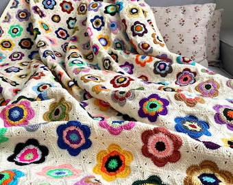 Crochet Throw Blanket, Afghan Flower Granny Square Knitted Throw, LARGE Colorful Bedspread, Handmade Decorative Blanket 60x73”