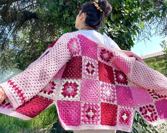 Crochet Cardigan, Pink Granny Square Jacket, Knitted Chunky Patchwork Cotton Sweater for Women's, Handmade Oversized Colorful Cardigan