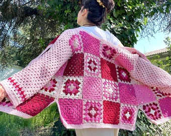 Crochet Granny Square Cardigan, Organic Cotton Patchwork Sweater, Oversized Boho Cardigan