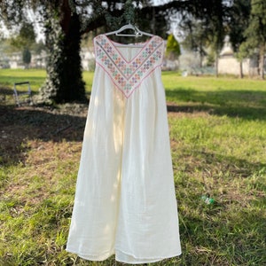 Vintage Cotton Nightgown, Muslin Dress with Hand Embroidery Neckline, Handmade Organic Cotton Summer Dress with Floral Embroidery