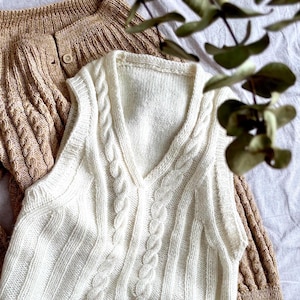 Hand Knit Mohair Vest, Women&#39;s Cable Knit Sleeveless Sweater, Handmade Wool Beige Vest