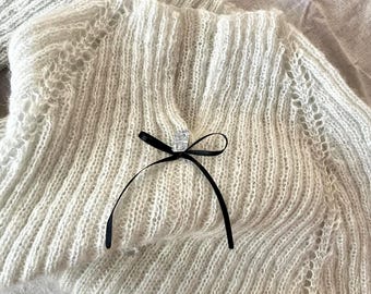 Hand Knit Mohair Cardigan – Ribbed V-Neck Sweater, Handmade Wool Blouse with Crystal Buttons