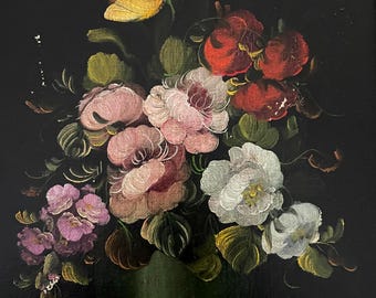Original Signed Oil Painting of Flowers on a Gold Background by