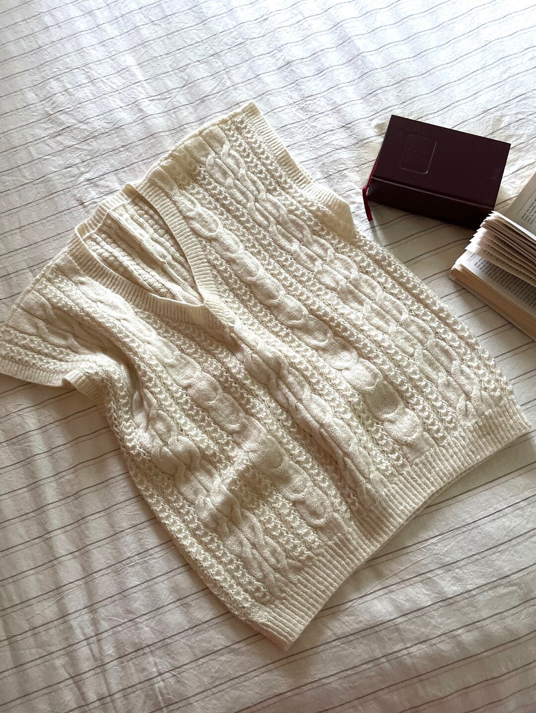 Hand Knitted Wool Sweater Vest Beige Sleeveless Sweater Etsy