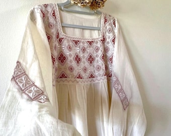 Cotton Nightgown, Hand Embroidered Long Sleeve Dress, Pure Organic Cotton Comfy House Dress - Handmade Artwork Nightwear