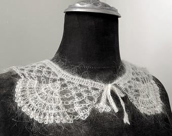 Hand-Knitted Mohair Lace Collar | Beige Winter Neck Warmer | Women’s Vintage-Inspired Accessory with Pearls