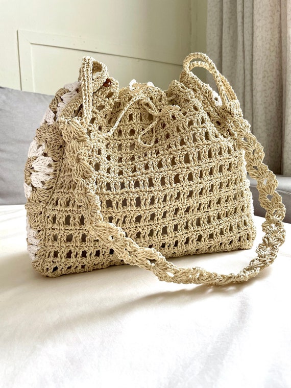 Crochet Raffia Tote Bag, Boho Crochet Shoulder Bag, Women's