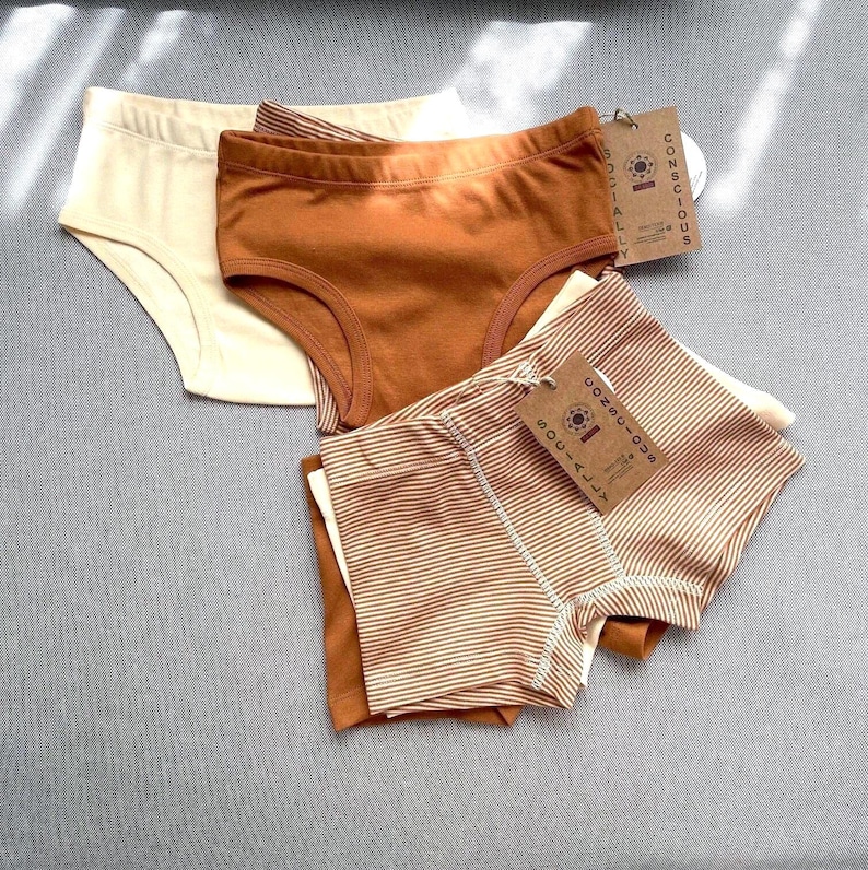 May include: Four pairs of underwear in cream, rust, and rust and cream stripes. Each pair has a tag that reads "CONSCIOUS SOCIALLY". The underwear is made of soft material.