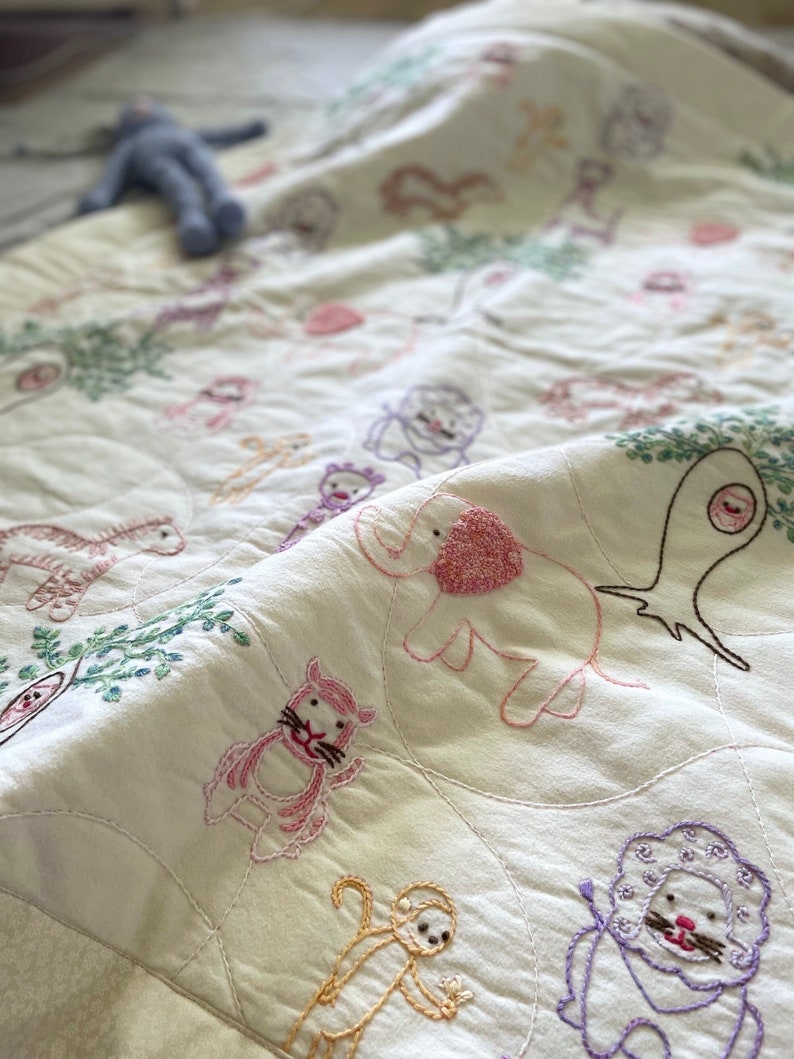 Cotton Quilted Baby Blanket, Hand Embroidery Toddler Bedspread