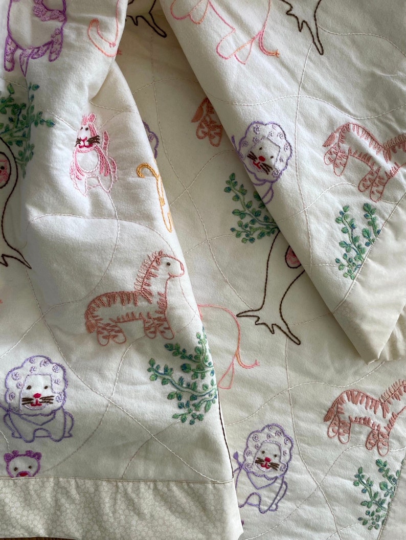Cotton Quilted Baby Blanket, Hand Embroidery Toddler Bedspread