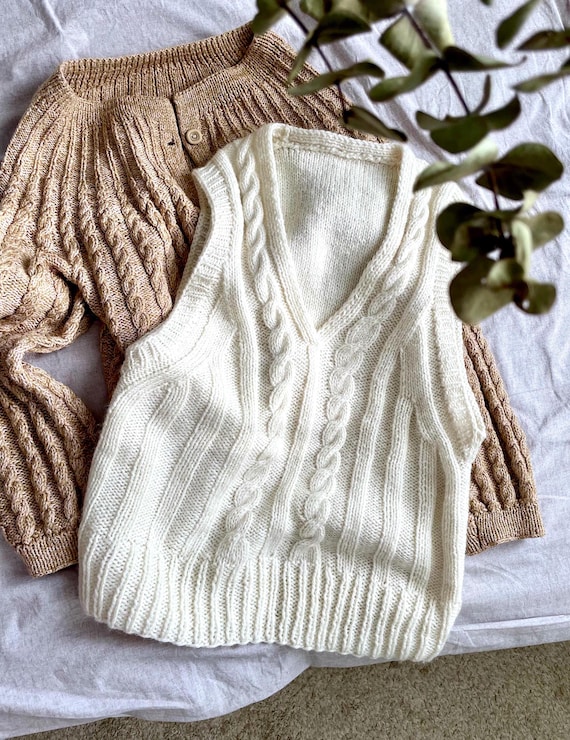 Handgestrickte Mohair Weste, Damen Zopfmuster Ärmelloser Pullover