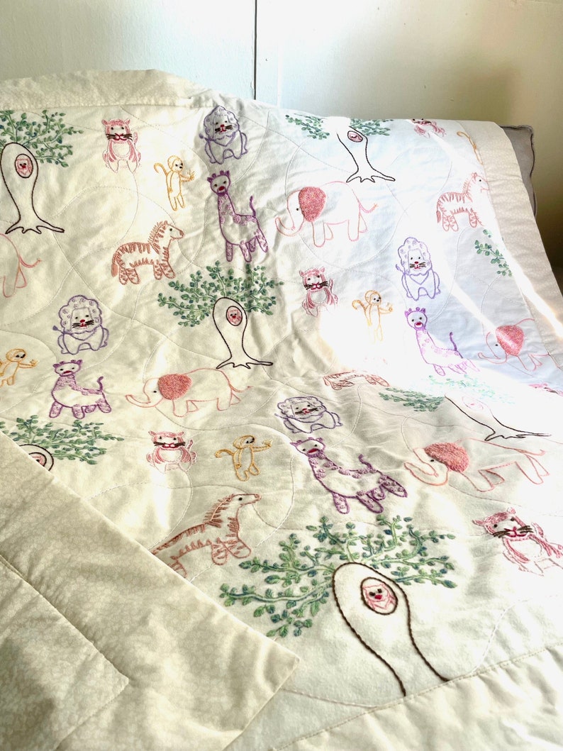 Cotton Quilted Baby Blanket, Hand Embroidery Toddler Bedspread